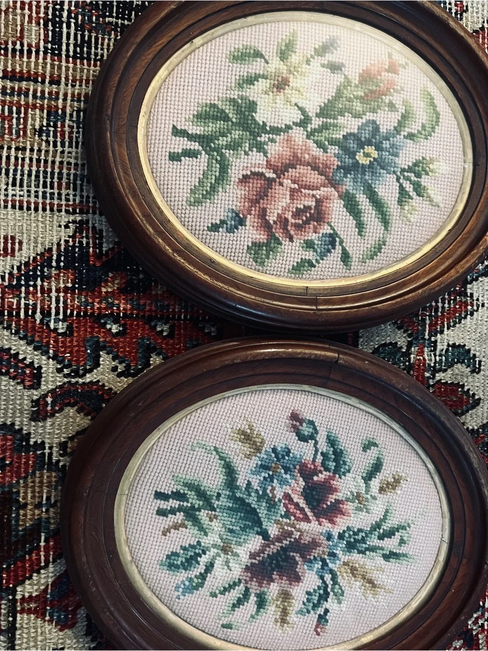Vintage Floral Needlepoint Wall Plaques -